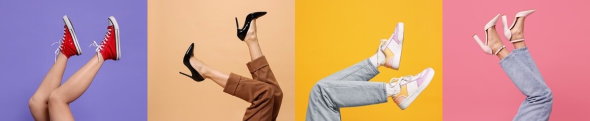 Women showing different shoes on colorful backgrounds, closeup