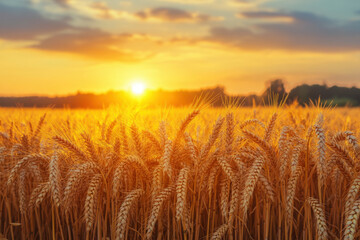 Naklejka premium Wheat field at sunset with golden hues, silhouette of farmer in the distance, birds flying overhead, serene and peaceful setting in rural landscape.