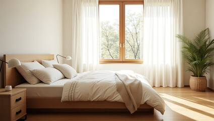 A serene and clutter-free bedroom with wooden elements, white bedding, and natural light.2