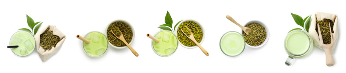 Fresh mung bean juice in glasses and seeds on white background, set. Top view