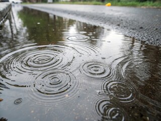 Rain ripples creating circular waves in puddle urban street aerial photography wet environment bird's eye view nature's patterns