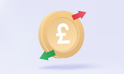 3D vector icon Pound golden coin with arrow green and red symbol floating on pastel background. Exchange rate money payments transfer, Currency deposit economy financial business investment management