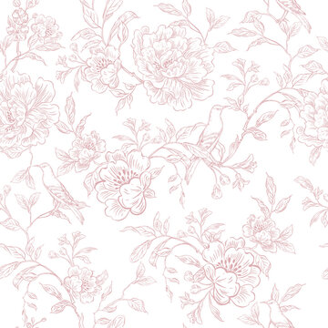 Tender  Floral pink seamless pattern, Elegant Line Art Design