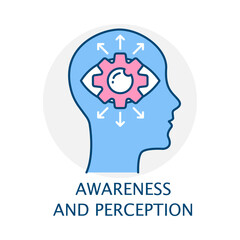 Vector icon for Awareness and Perception. Brain with an eye, representing insight, deep understanding, and cognitive awareness.