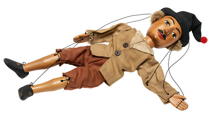 Vintage Puppet with Strings on White Background Featuring Wooden Details