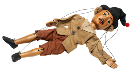 Vintage Puppet with Strings on White Background Featuring Wooden Details