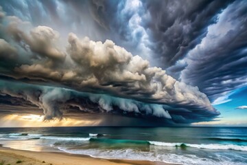 Obraz premium Thunderstorm approaching ocean waves crashing seaside view dramatic cloudscape nature's fury