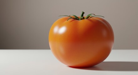 Single Ripe Orange Tomato - A single, ripe orange tomato sits on a white surface against a neutral background. Perfect for food blogs, recipes, or healthy eating content