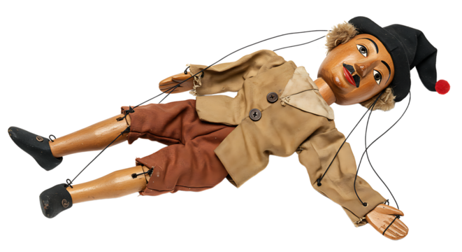 Vintage Puppet with Strings on White Background Featuring Wooden Details