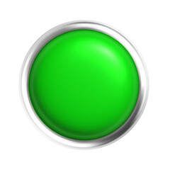 Glossy Green Button with Metallic Silver Frame Isolated on White Background, Shiny Round Push Button Symbolizing Approval, Activation, or Start, 3D Illustration for Interface Design