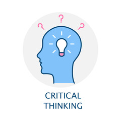 Vector icon for Critical Thinking. Human profile with lightbulb and gears, illustrating innovation, logical analysis, and strategic problem-solving.