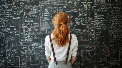 Fototapeta premium Confident woman in stylish attire analyzes complex equations in an academic setting with a chalkboard backdrop