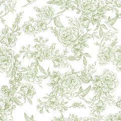 Graphic seamless pattern with flowers and birds. Illustration