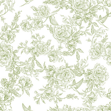 Graphic seamless pattern with flowers and birds. Illustration