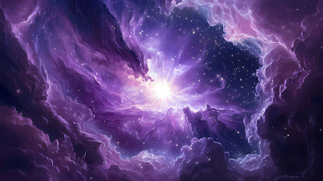 Rapidly growing protostar pulling in gas and dust from its surrounding nebula its light breaking through thick cosmic clouds. Broken Cosmos. Illustration