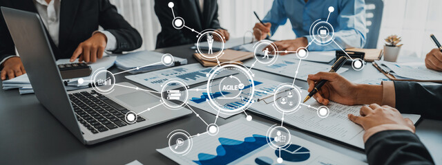 Business intelligence and data analysis concept. Team of analyst working on financial data analysis dashboard on paper as marketing indication for business strategic planning. Insight Amity