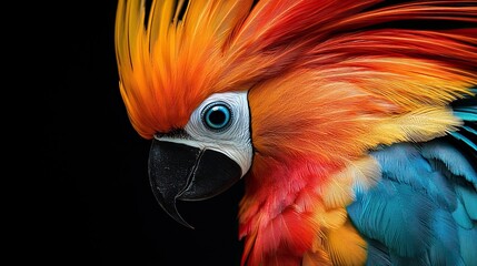 Close-up of a bird of paradise with vibrant plumage against a black background, 