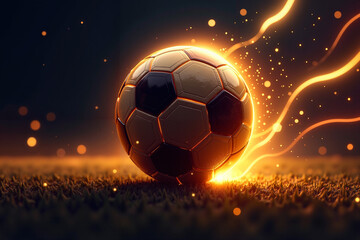 Fototapeta premium Glowing golden soccer ball on green grass, vibrant sports concept