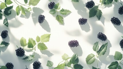 Naklejka premium Fresh Blackberries and Green Leaves on White Surface with Natural Shadows