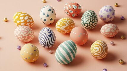 Fototapeta premium Collection of festive Easter eggs and glittery spheres on pastel pink backdrop