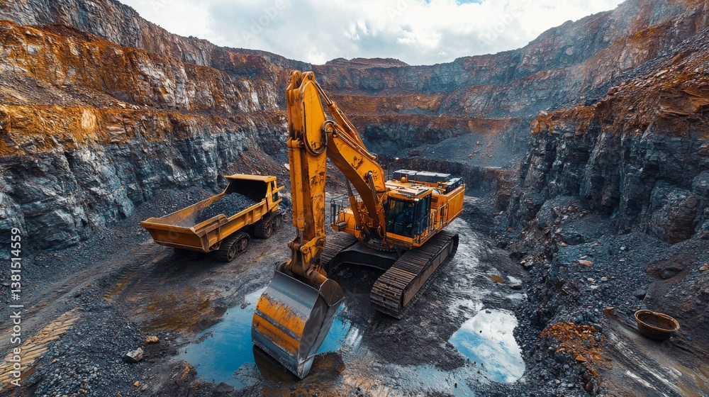 Poster Excavator operates in a deep quarry, moving minerals into a dump truck while surrounded by steep rocky walls. Cloudy weather casts a somber light over the excavation site.