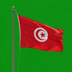 national flag of tunisia nation waving on the wind, banner on greenscreen green solid color background, flagpole on green screen with simbol of the country waves on windy day