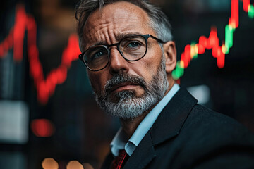 A composite visual of a Wall Street trader in real-world photography style surrounded by CGI floating 3D graphs, red and green candlesticks violently rising and crashing