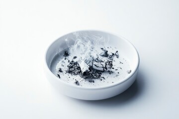 Smoldering Cigarette in Ashtray with Rising Smoke on White Background