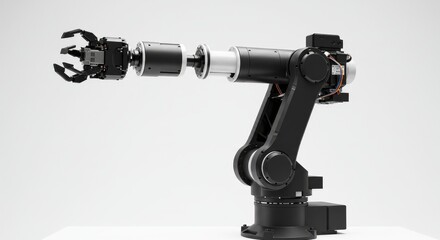 Black And White Robotic Arm Model On White Background - Futuristic robotic arm, precision engineering, automation technology, industrial robot, mechanical arm. Symbolizes advancement, innovation