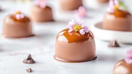 A collection of elegant chocolate desserts topped with delicate flowers, showcasing an indulgent and artistic presentation.