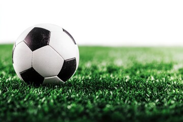 Fototapeta premium Soccer Ball on Green Grass Sports Field Ready for Football Game