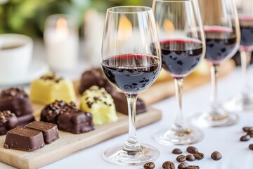 Naklejka premium A beautifully arranged table featuring glasses of red wine alongside an assortment of chocolates and coffee beans, creating an inviting and indulgent atmosphere.