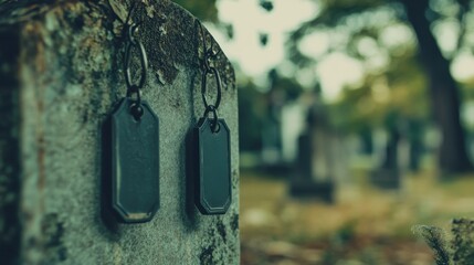 An aged headstone displays metal tags with chains within the graveyard