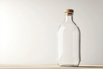 Empty Glass Bottle with Wooden Cap on Wooden Surface Mockup