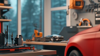 Fototapeta premium Red car in a workshop surrounded by tools and equipment, with a blurred background of trees
