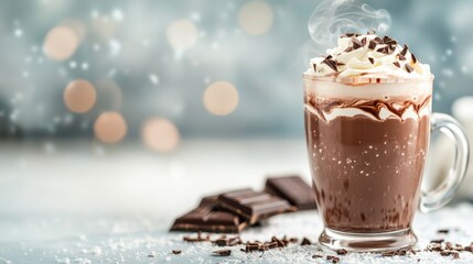 A cozy mug of hot chocolate topped with whipped cream and chocolate shavings, set against a blurred background with a festive atmosphere.