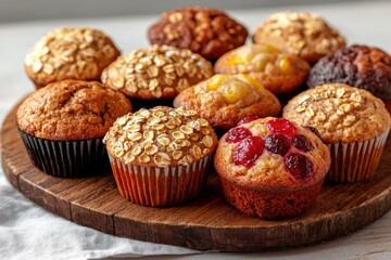 A tempting assortment of freshly baked muffins displayed on a wooden board, showcasing a variety of flavors and textures.