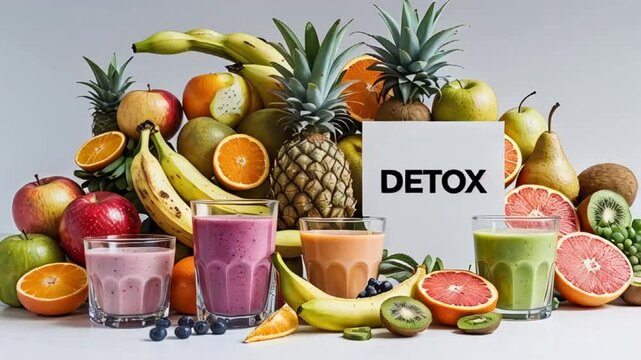 glass of smoothie   assorted fruits with the inscription detox on a white background