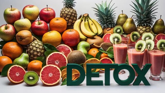 glass of smoothie   assorted fruits with the inscription detox on a white background