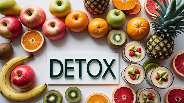 glass of smoothie   assorted fruits with the inscription detox on a white background