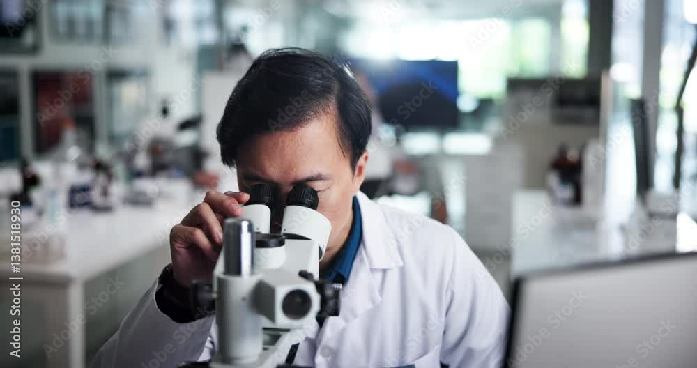 Poster microscope, man and scientist on computer for development, research and experiment. medical, science