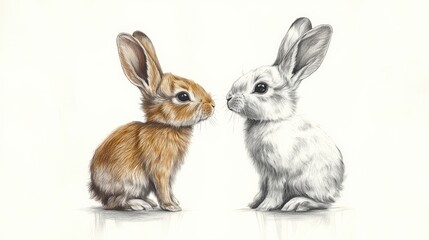 Obraz premium Two adorable rabbits face each other in an intimate moment, showcasing their innocence and gentleness through soft lines and a tender atmosphere in a beautifully illustrated scene.