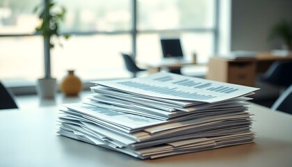 High Stack of Documents with Financial Charts on Office Desk