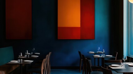 An artistic view of a modern restaurant interior showcases a stylish color palette and minimalist decor, exuding sophistication while inviting guests to enjoy a unique culinary experience.