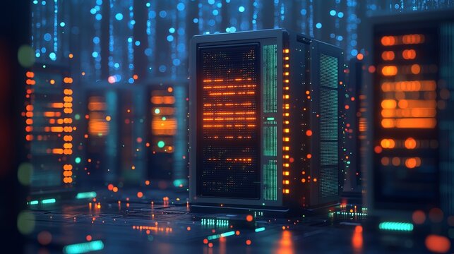 A server room with glowing lights and data racks showing information processing and storage units