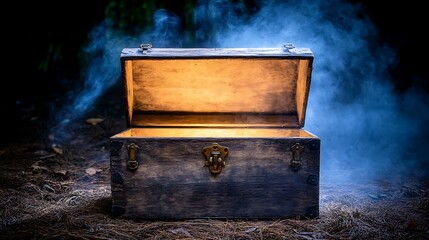 An open wooden chest glowing within a mysterious and foggy setting