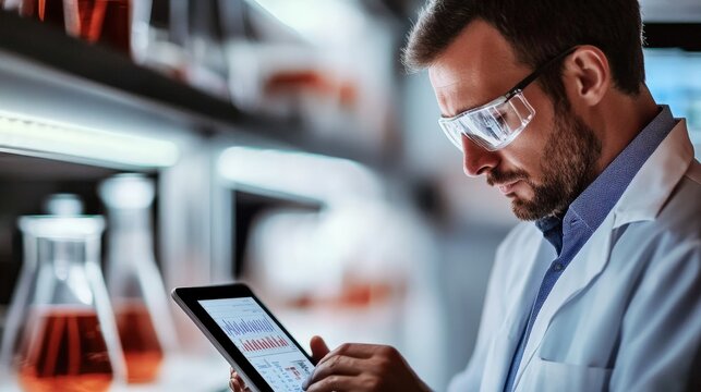 A dedicated scientist in a lab examines research results on a tablet, with various glassware in the background, highlighting the intersection of technology and science.