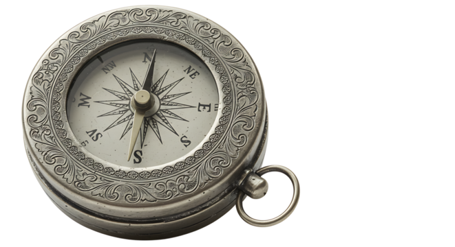 Vintage silver compass pointing south direction perfect navigation tool