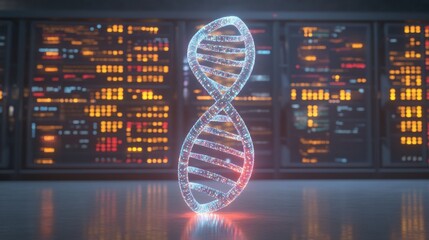 Futuristic DNA structure in a digital environment.