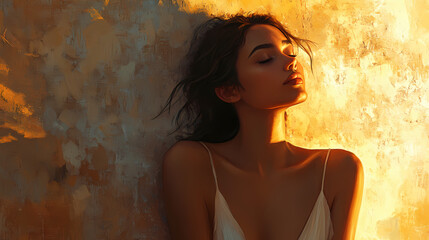 Bathed in sunlight, a lovely woman leans against textured wall, eyes closed, wearing simple satin slip dress, seemingly lost moment of peaceful reverie. Lost Reverie. Illustration